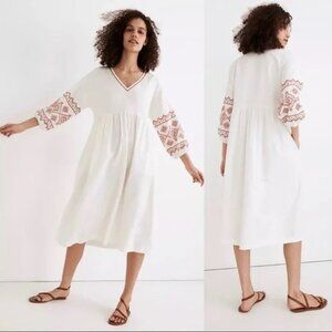 Madewell Embroidered Sleeve Linen Blend Popover Midi Dress in White Combo XS EUC